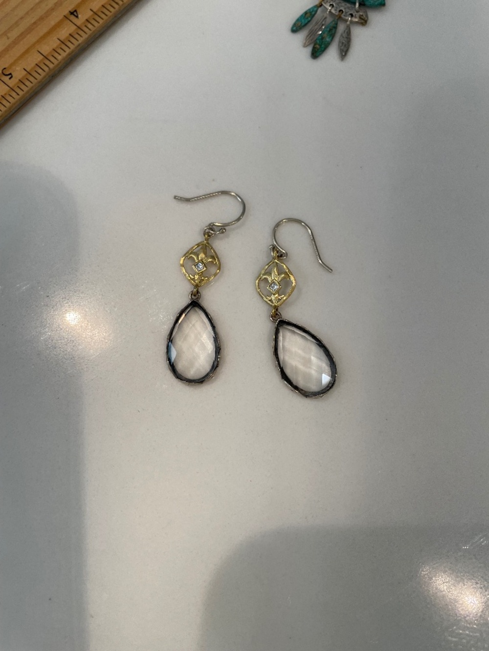 Retired Silpada Sterling Glass Raindrop Brass Fleur De Lis Dangle Earrings W2374